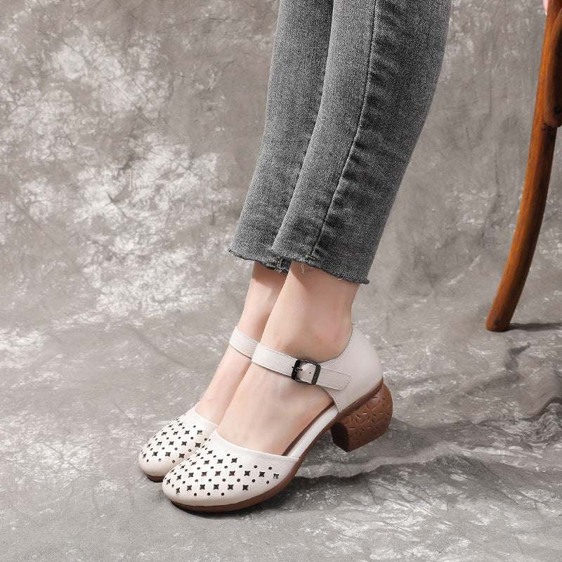Women's Summer Thick Mid Top Layer Soft Cowhide Hollow Heels