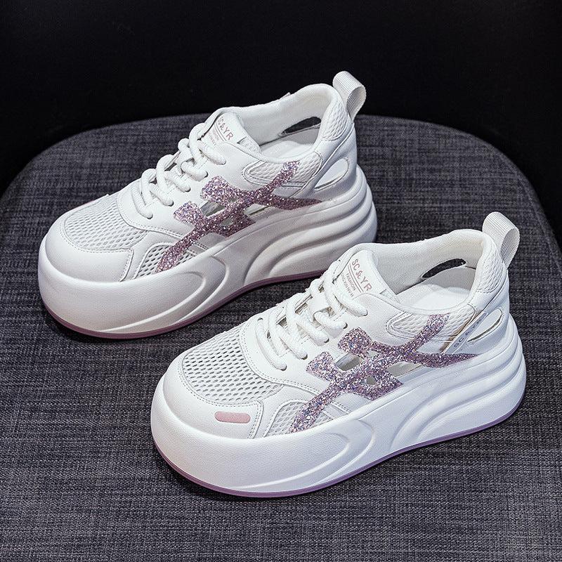 Women's Small Thick Bottom Heightened Easy Wear Hollowed Mesh Casual Shoes