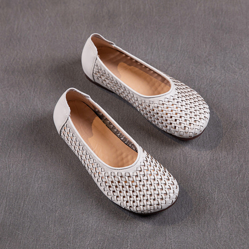Women's First Layer Cowhide Mother Summer Hollow Hole Genuine Flat Sandals