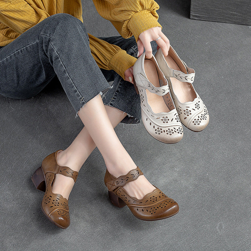 Women's First Layer Cowhide Round Toe Brushed Sandals