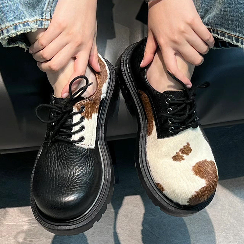 Women's & Men's Hair Derby Milk Mandarin Duck Lace Up Chunky Leather Shoes