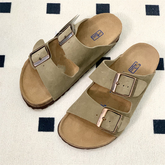 Women's & Men's Summer Cowhide Cork Two-word Platform Outerwear Slippers