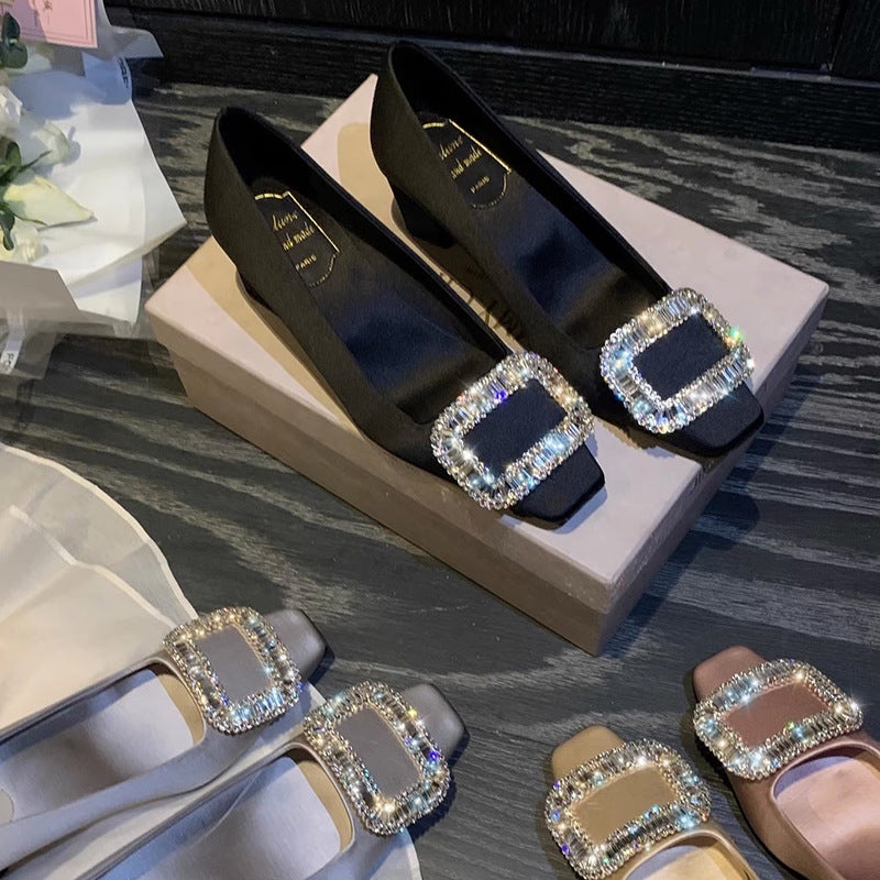Women's Satin Square Toe Chunky Authentic Rhinestone Women's Fashion Shoes