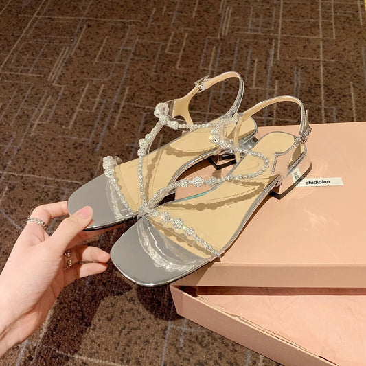 Women's Rhinestone With Chunky Summer Sier Heels