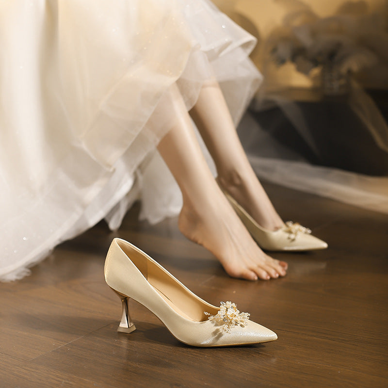 Women's Satin Main Wedding Dress High Not Tired Feet Advanced French Heels