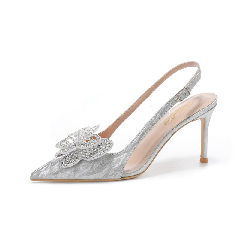 Stiletto Pointed Toe Cap Crystal Bow Heels