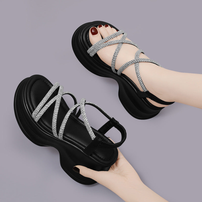 Women's & Men's Wedge Summer Soft Bottom Increase French Rhinestone Sandals
