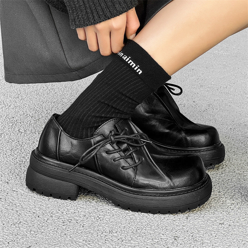Women's & Men's Height Increasing Black Platform Warped Head Commuter Trendy British Leather Shoes