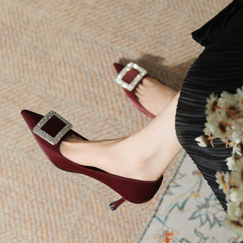 Women's Rhinestone Square Buckle High Pointed Stiletto Women's Shoes
