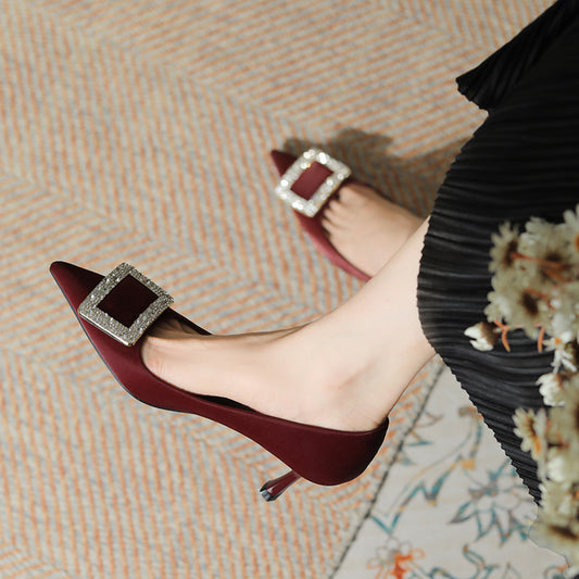 Women's Rhinestone Square Buckle High Pointed Stiletto Women's Shoes
