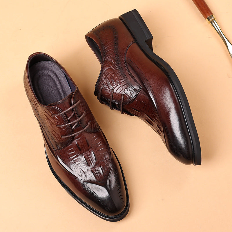Men's Top Layer Cowhide British Style Genuine Brogue Crocodile Pattern Formal Men's Shoes