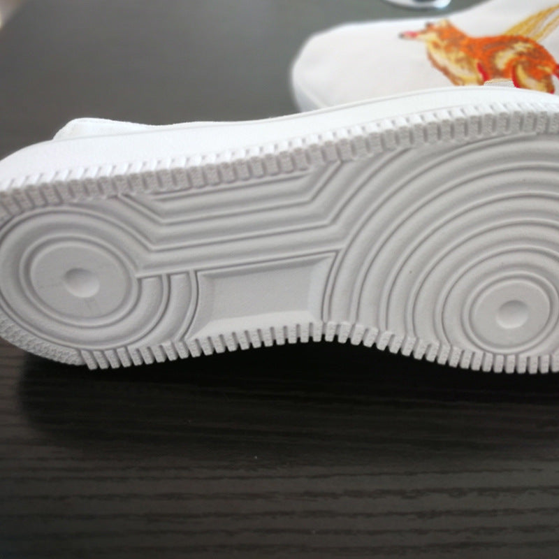 Men's Fox Embroidered White Chinese Artistic Style Rubber Canvas Shoes