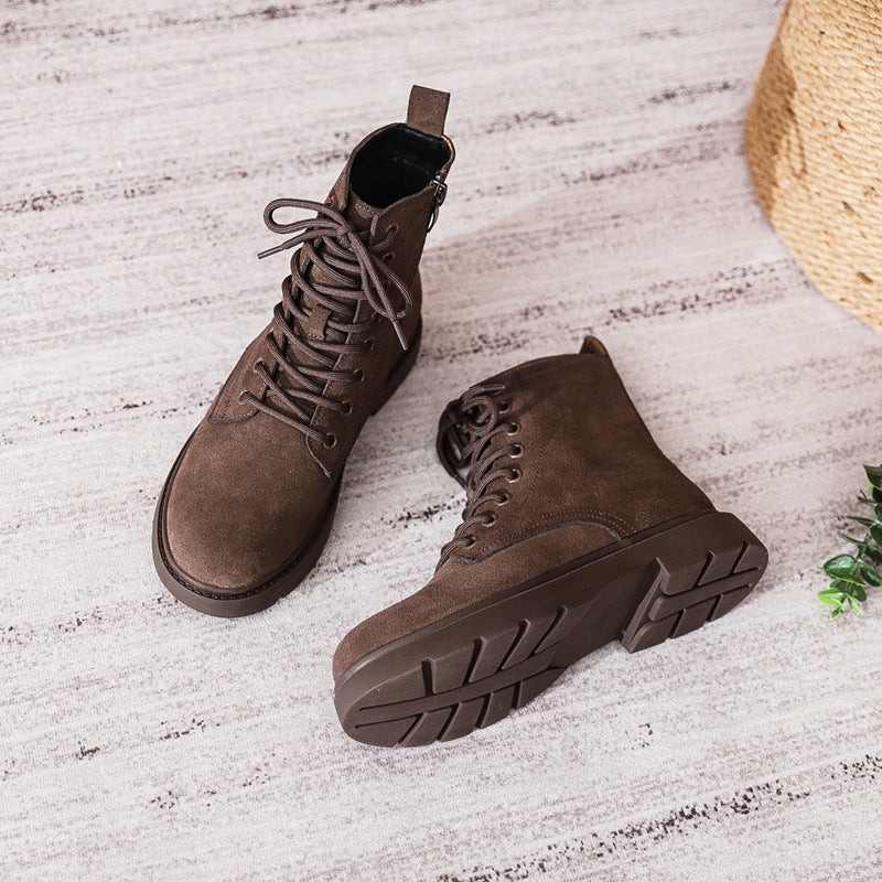Women's Genuine British Style Frosted Mid Flat Boots