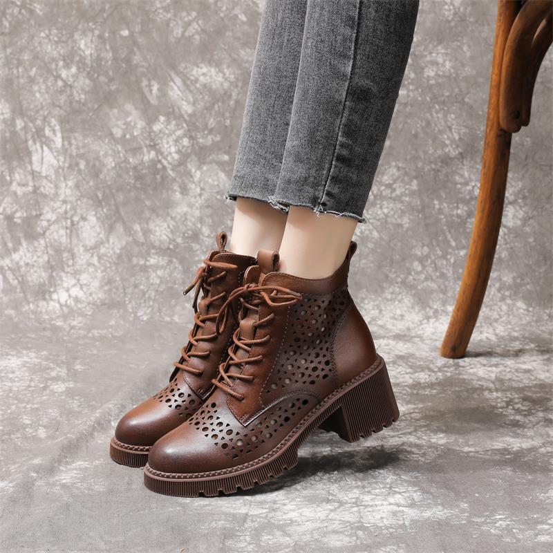 Women's Cowhide Cool Round Head Chunky Bottom Heels