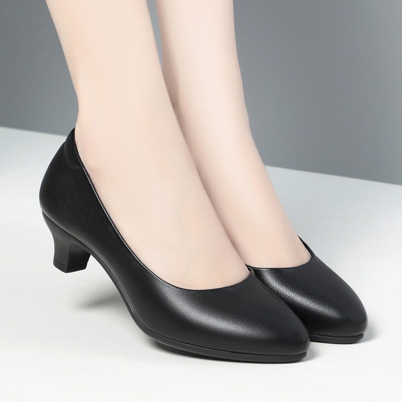 Women's Tired Feet Black Chunky Mid Hotel Shallow Mouth Casual Shoes