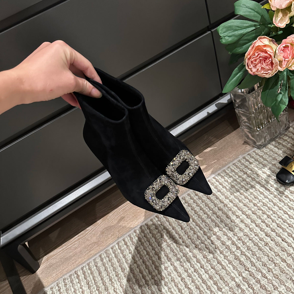 Women's Ankle Rhinestone Square Buckle Stiletto Stretch Thin Boots