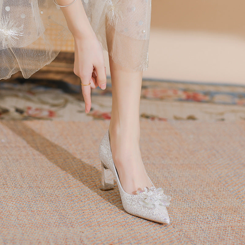 Women's Sier Shiny Wedding Dignified Rhinestone Flower Women's Shoes