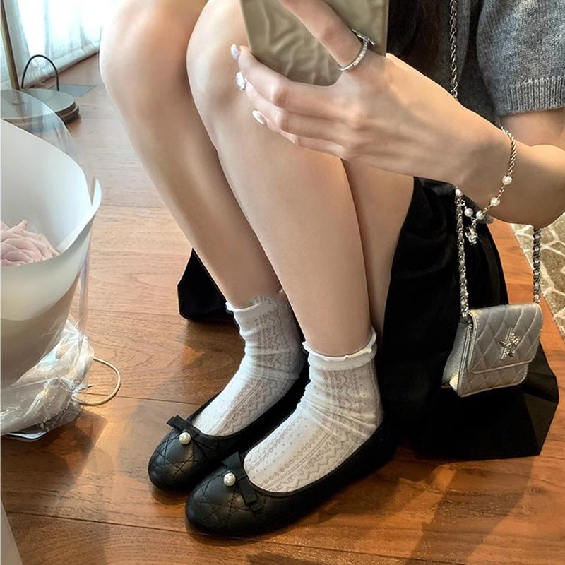 Su Miss Pearl Bow Lambskin Rhombus Flat Pumps Women's Shoes