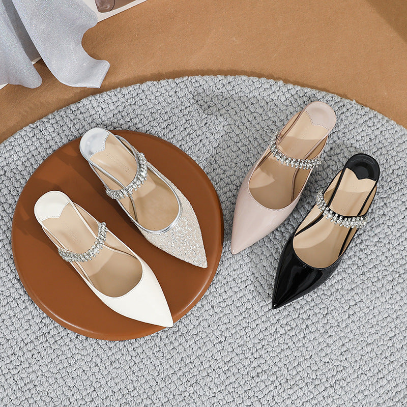 Women's Summer Rhinestone Pointed Toe Chain Soft Bottom Pumps Heels
