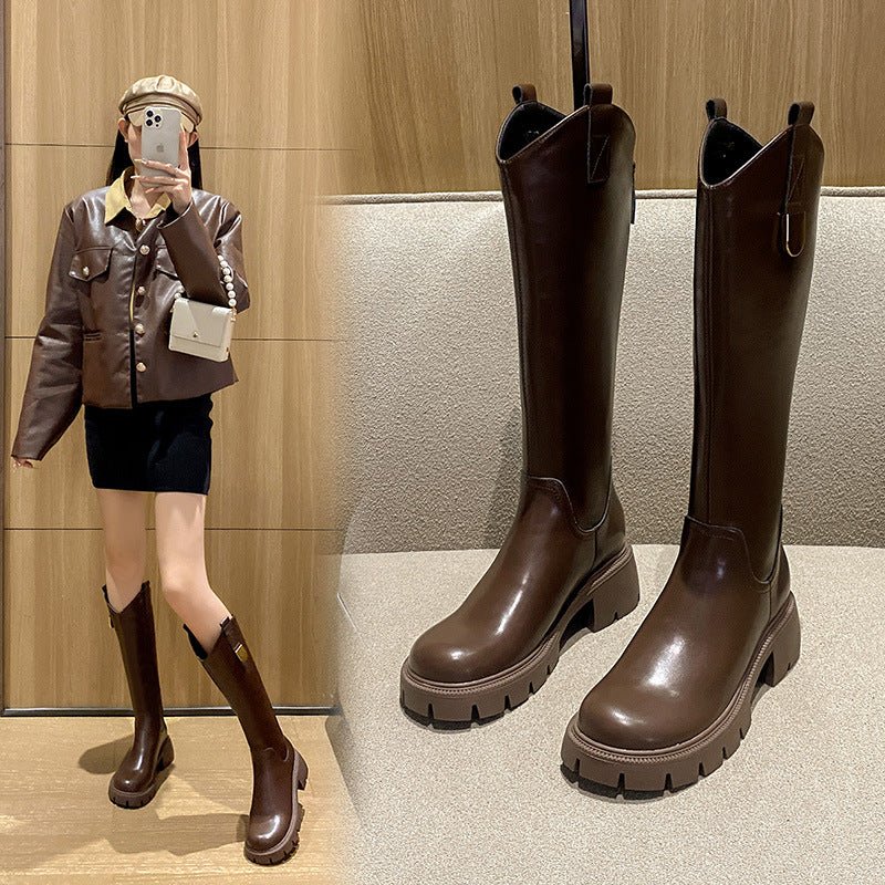 Women's Genuine Long Chunky Platform Fleece-lined Thin Boots