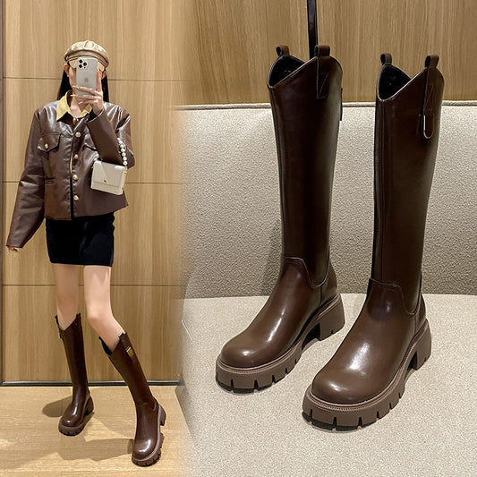 Women's Genuine Long Chunky Platform Fleece-lined Thin Boots