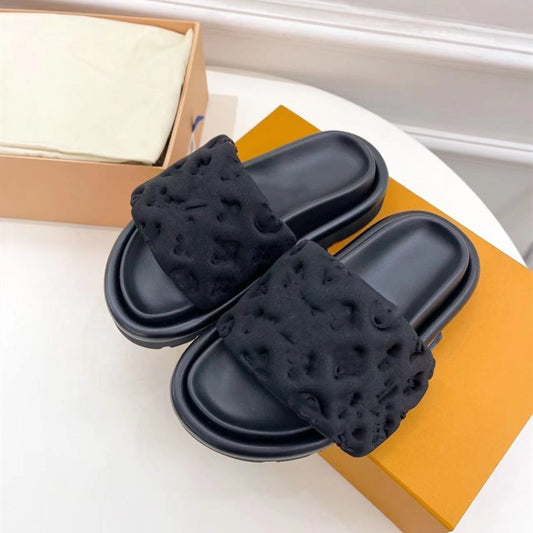 Women's & Men's Velcro Thick-soled Silk Satin Embossed One-word Sandals