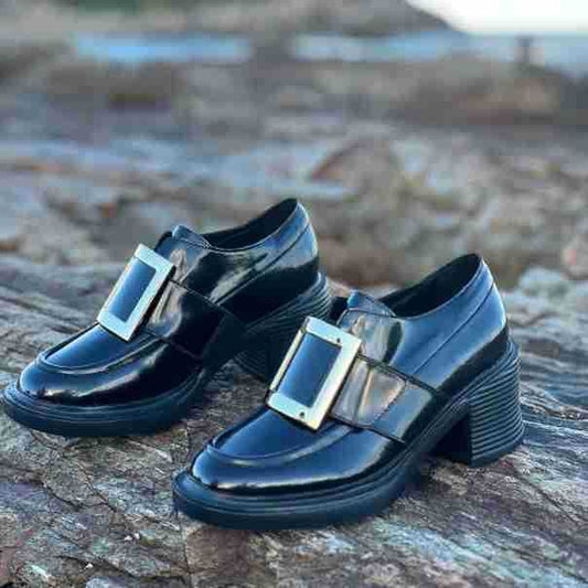 Women's Patent Square Buckle Small Genuine Elevator Casual Shoes