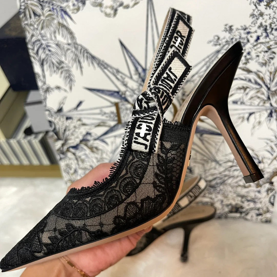 Women's Lace Summer Embroidered Bow Pointed Mesh Heels