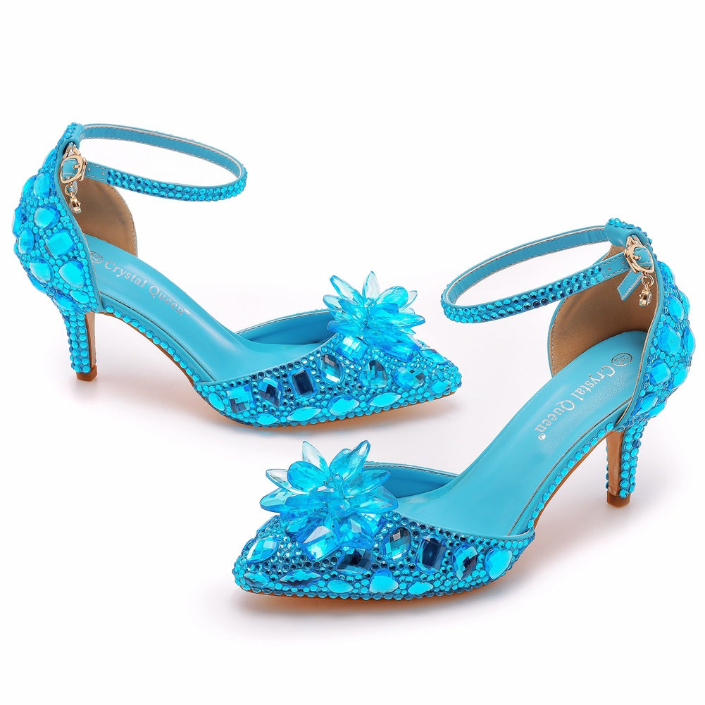 Women's Plus Size Stiletto Pointed Crystal Glass Flower High Champagne Heels