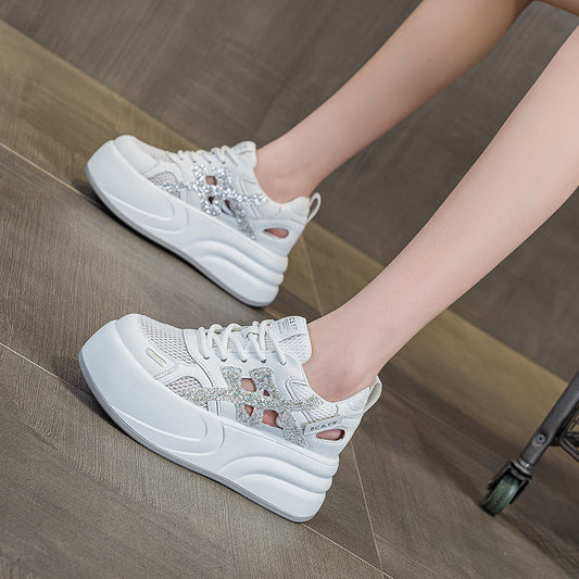 Women's Small Thick Bottom Heightened Easy Wear Hollowed Mesh Casual Shoes