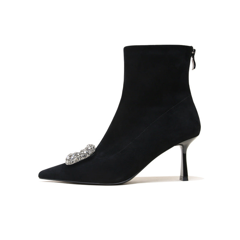 Women's Ankle Rhinestone Square Buckle Stiletto Stretch Thin Boots