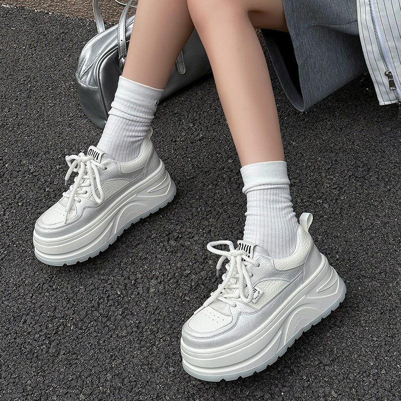 Women's White Spring Small Height Increasing Sports Sneakers