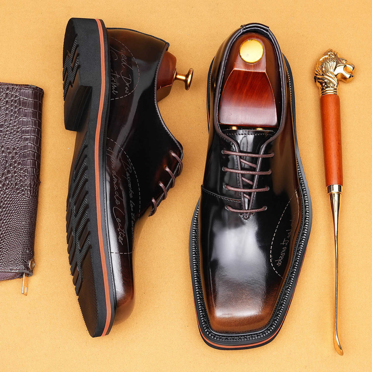 Men's Square Toe British Glossy Slit Beads Carved Formal Wear Full Leather Shoes