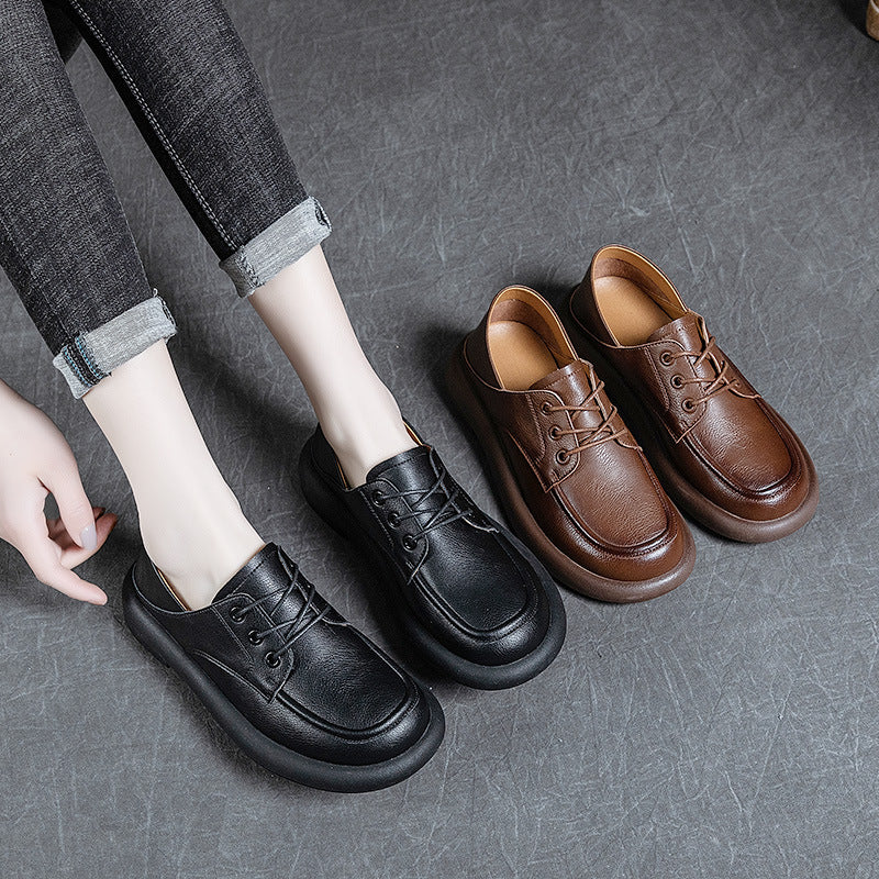Women's Handmade Retro Pumps Genuine Flat Round Casual Shoes