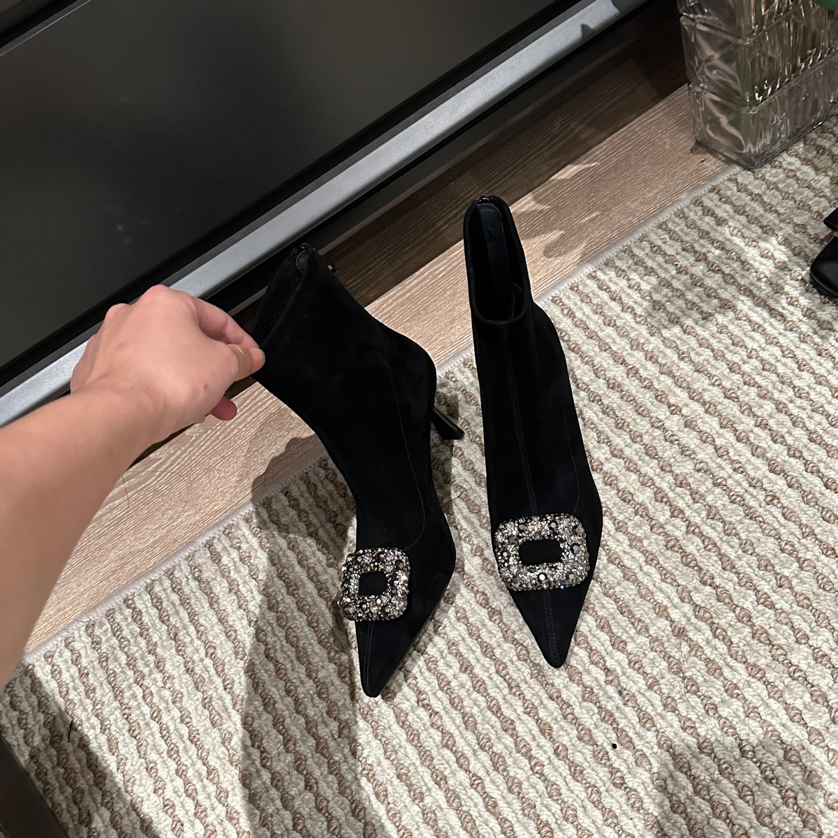 Women's Ankle Rhinestone Square Buckle Stiletto Stretch Thin Boots