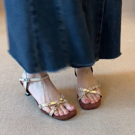 Women's Rhinestone Flower Square Toe Soft Elegant Inner Match Skirt Heels