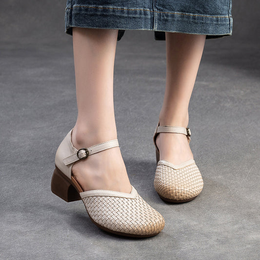 Women's Closed Toe Breathable Retro Small Woven Heels