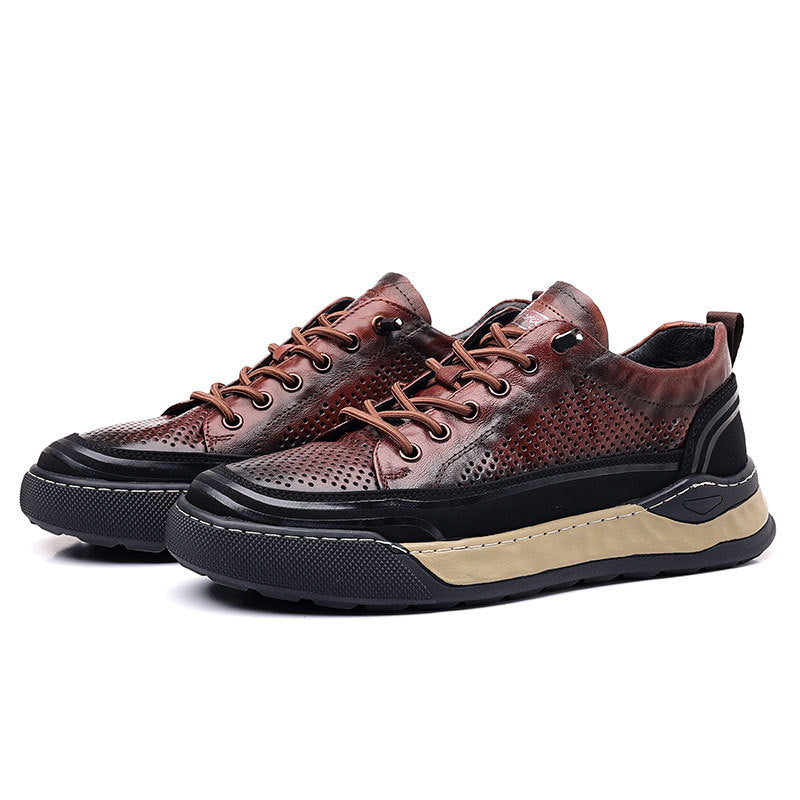 Men's Summer Hollow Breathable Genuine Cowhide Green Sneakers