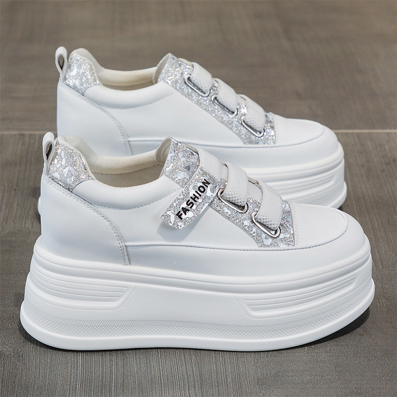 Women's Hidden White Platform Muffin Velcro Rhinestone Sports Women's Casual Shoes