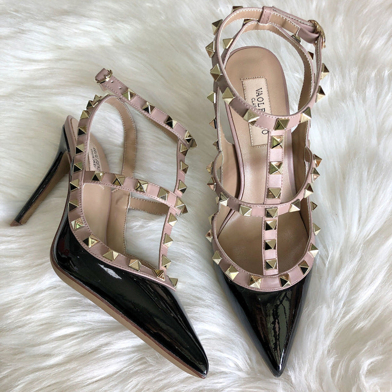 Women's High Rivet Pointed Toe Patent Stiletto Heels