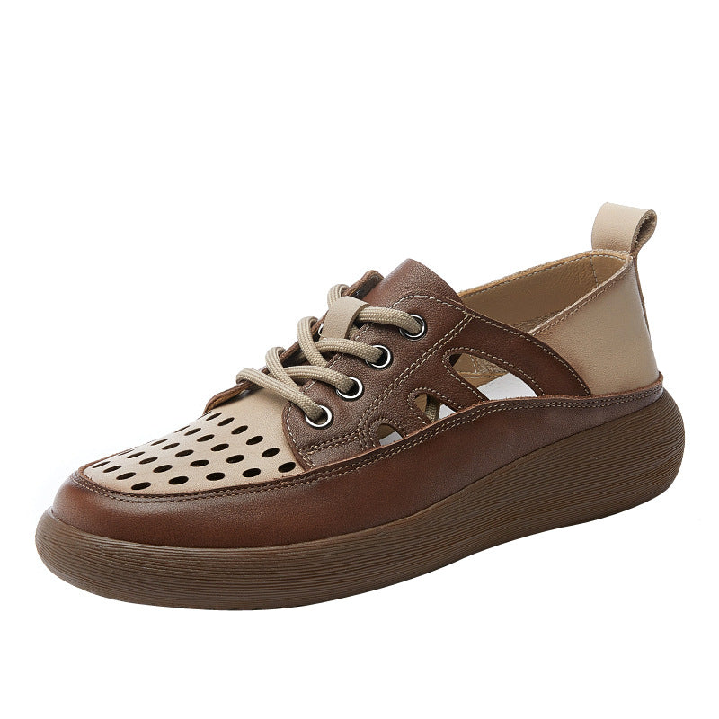 Top Layer Cowhide Hollow Hole Flat Sandals