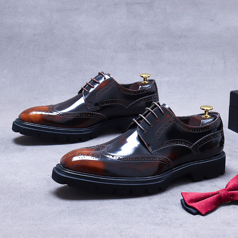 Men's Formal Wear Cowhide Platform Handmade Derby Glossy Breathable Leather Shoes