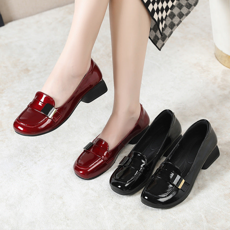 Women's Large Size Flat Bottom Pumps Chunky Patent Loafers