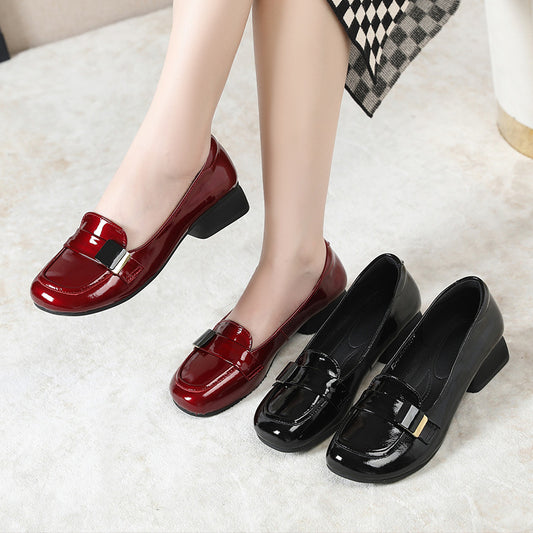 Women's Large Size Flat Bottom Pumps Chunky Patent Loafers