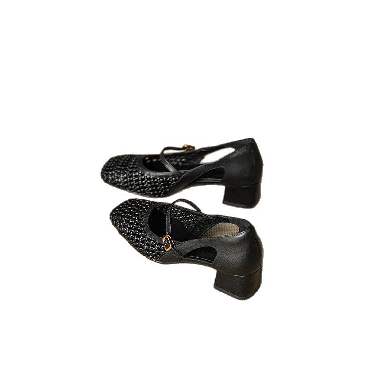 French Hollow Woven Mary Jane Hole Pumps Sandals