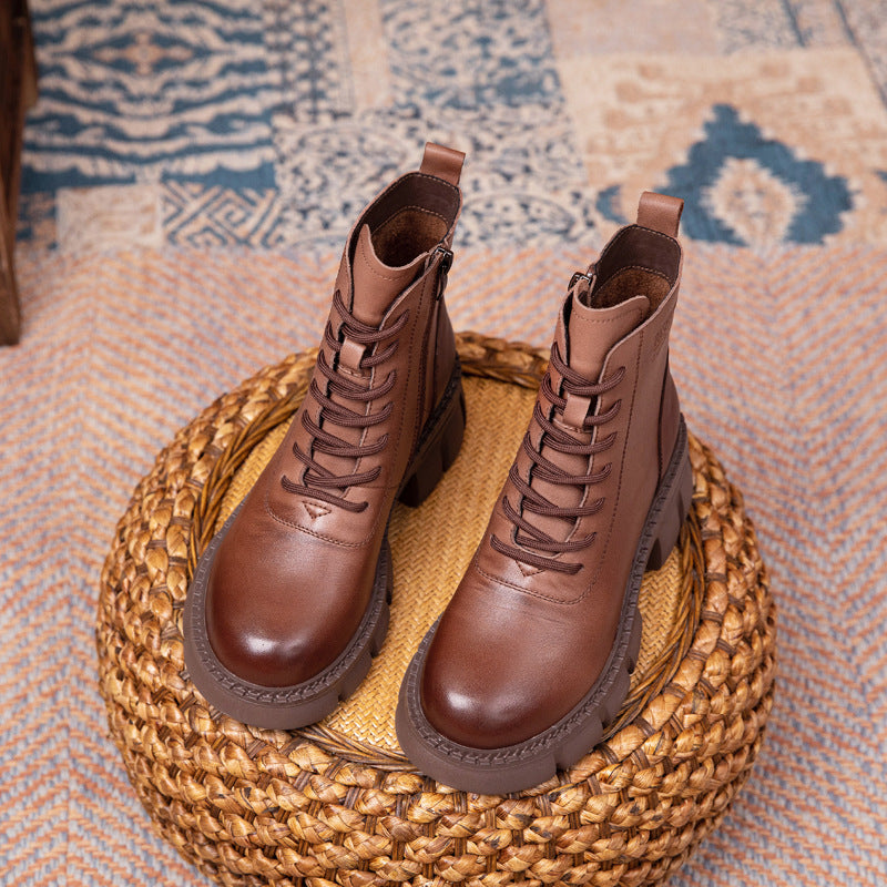 Women's Cowhide Autumn Wedge Short Retro Round Toe Boots
