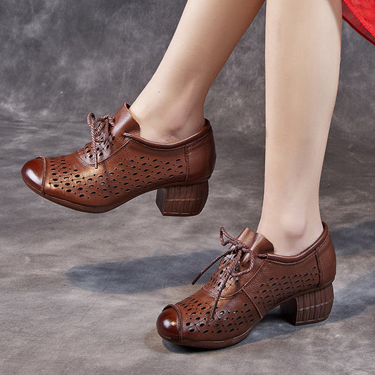 Women's Hollow Breathable First Layer Cowhide High Soft Heels