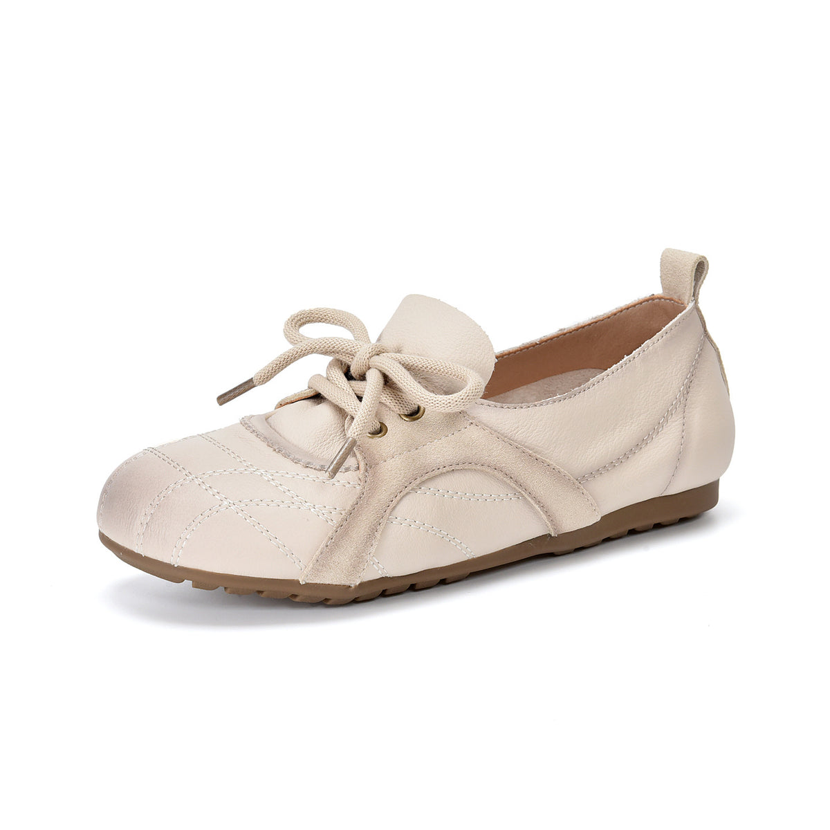 Women's Cowhide Flat Deep Mouth Pumps Spring Round Head Soft Bottom Casual Shoes