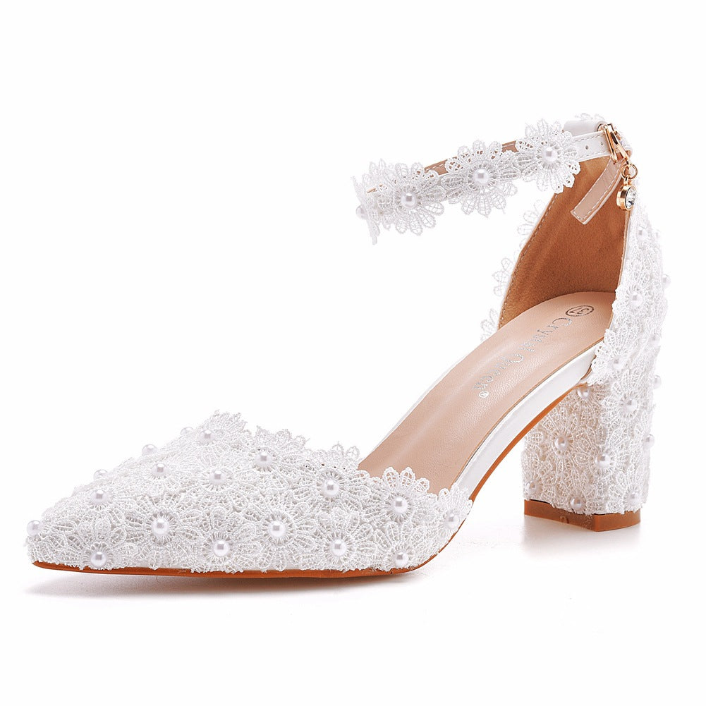 Cm White Lace Pointed Toe Chunky Sandals