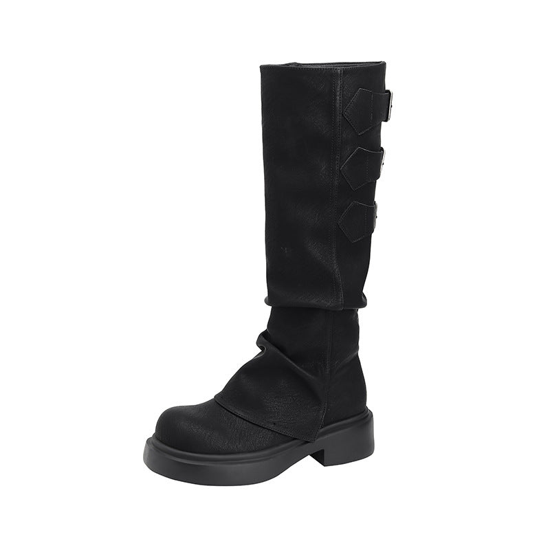 Women's Waste Style Retro Big Head Pants Pipe Pleated Boots